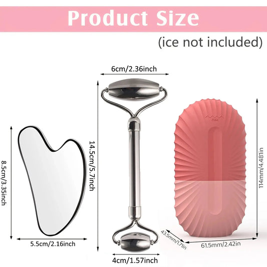 Ice Face Roller Facial Skincare Set, Stainless Steel Facial Gua Sha Face Tool Face Massage Mold Cube