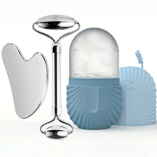 Ice Face Roller Facial Skincare Set, Stainless Steel Facial Gua Sha Face Tool Face Massage Mold Cube